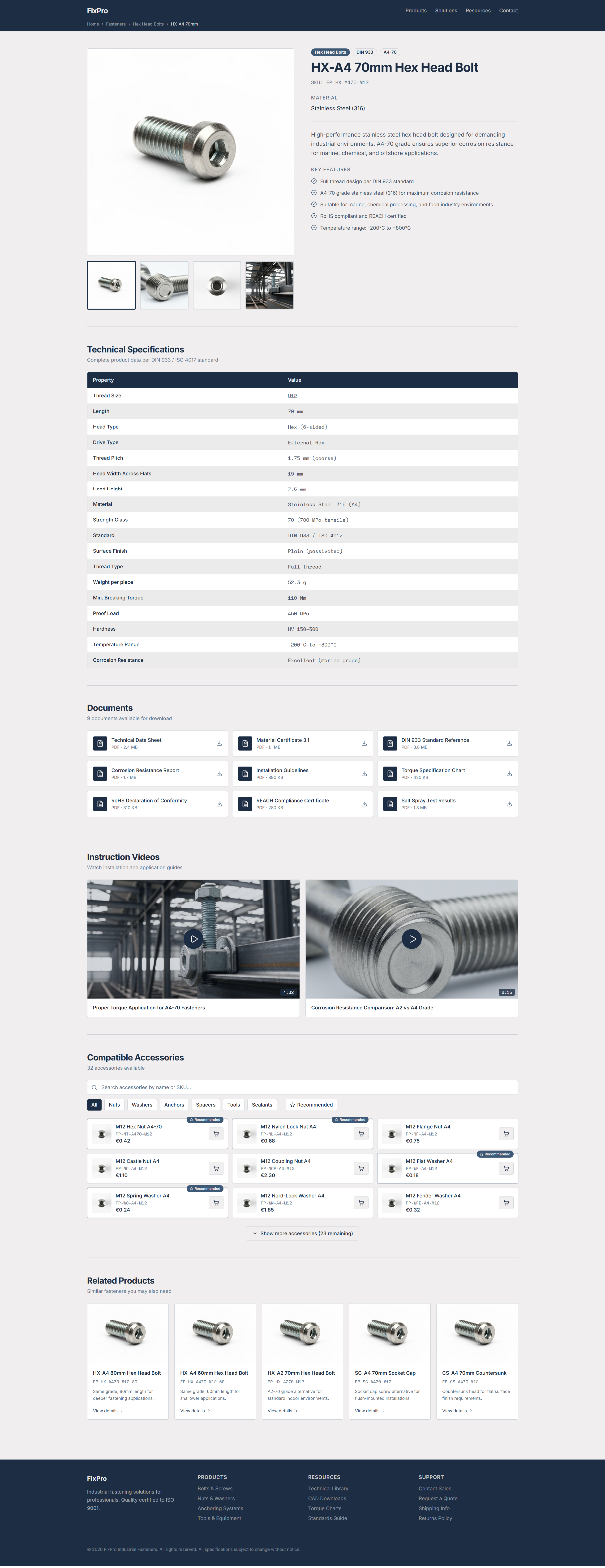 Skärmdump av produktsida för en bult skapad med v0