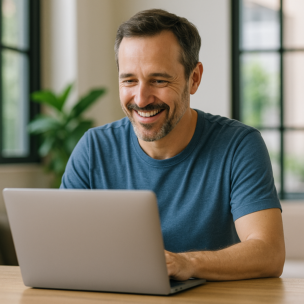 Glad man kollar på sin laptop