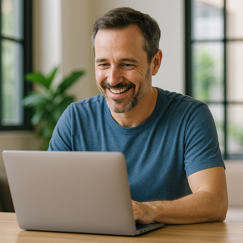 Glad man kollar på sin laptop